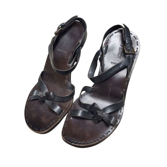 Fendi Sandali Vachetta Caffe Heeled Brown Leather Sandals - Size 38.5 - Picture 3 of 6